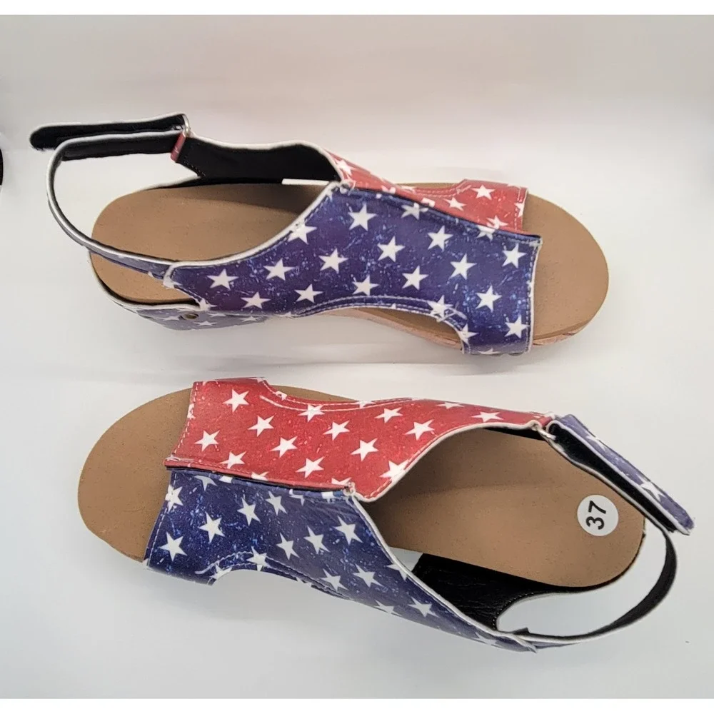Women's American Flag Wedge Sandals EU 37 US 6 Patriotic Cork Platform Slingback